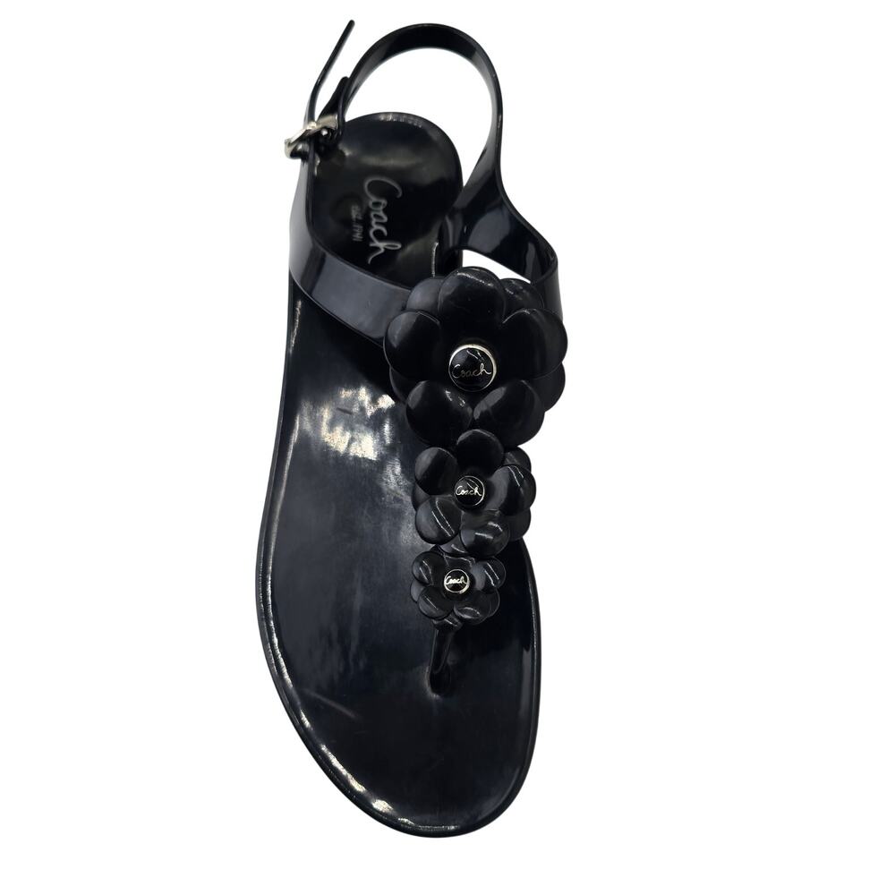 Coach Black Jelly Thong Sandals T-Strap Embossed Tea Rose Flower Women's 10B